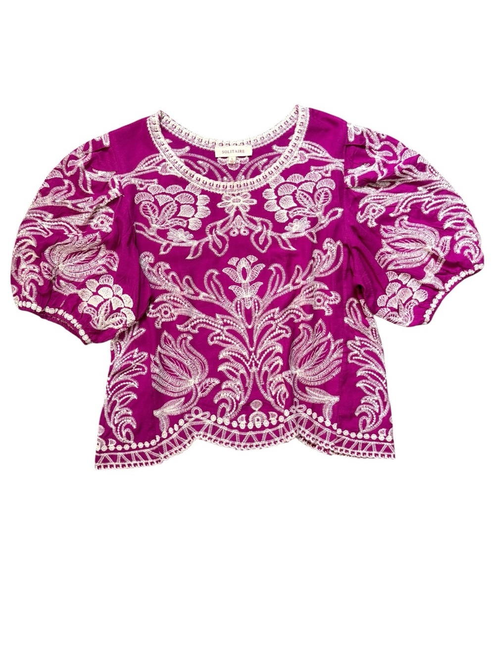 Solitaire Embroidered Magenta Puff Sleeve Boho Blouse Top Size L - Picture 2 of 13